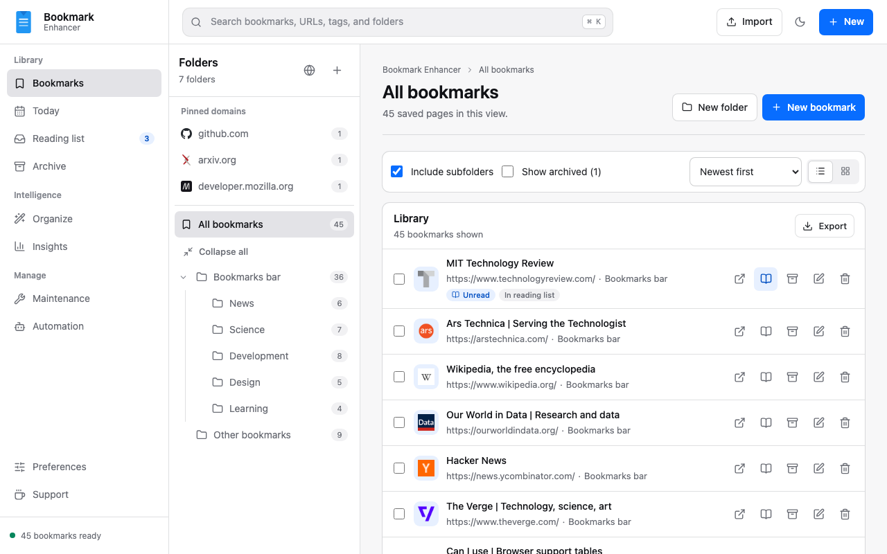 The Bookmark Enhancer workspace showing a folder tree, pinned domains, and a list of bookmarks with reading state and tags.