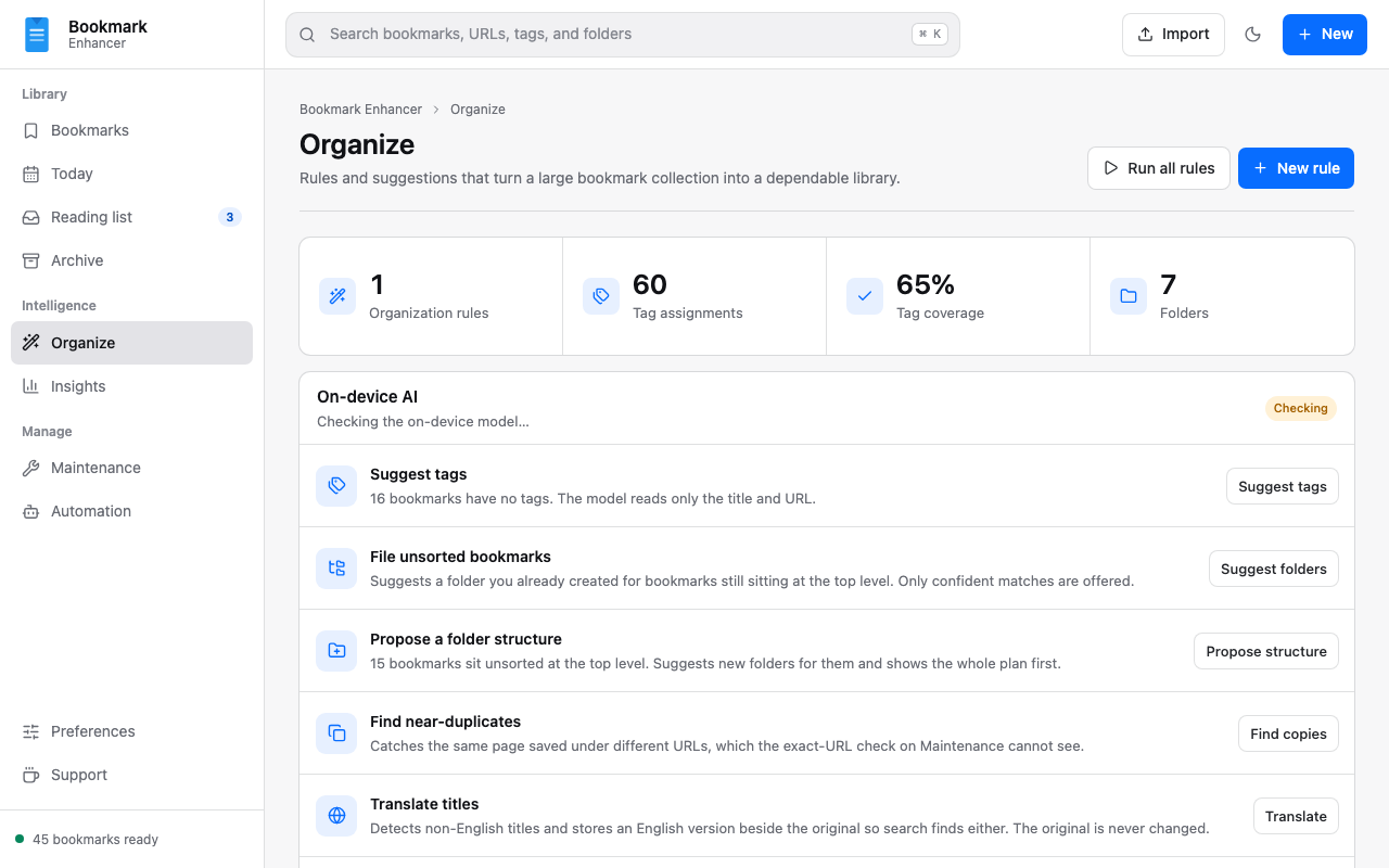 The on-device AI panel offering to suggest tags, file unsorted bookmarks, propose a folder structure, find near-duplicates and translate titles.