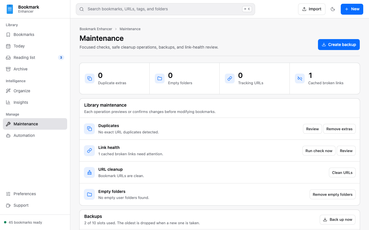 The maintenance page listing duplicates, link health, URL cleanup, empty folders and stored backups.