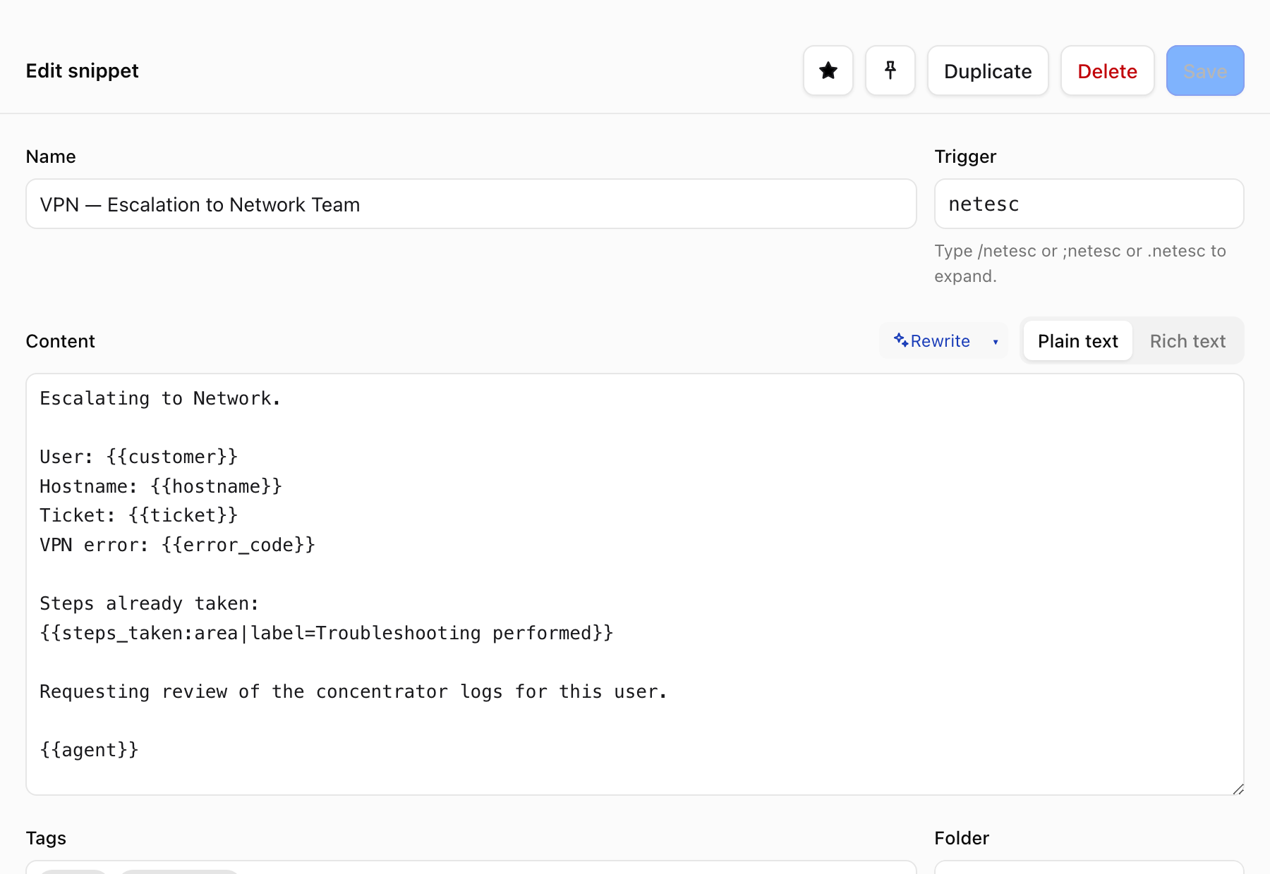 The snippet editor, showing an escalation template with {{customer}}, {{hostname}} and {{steps_taken}} placeholders, a Rewrite control, and the tags and folder it belongs to.