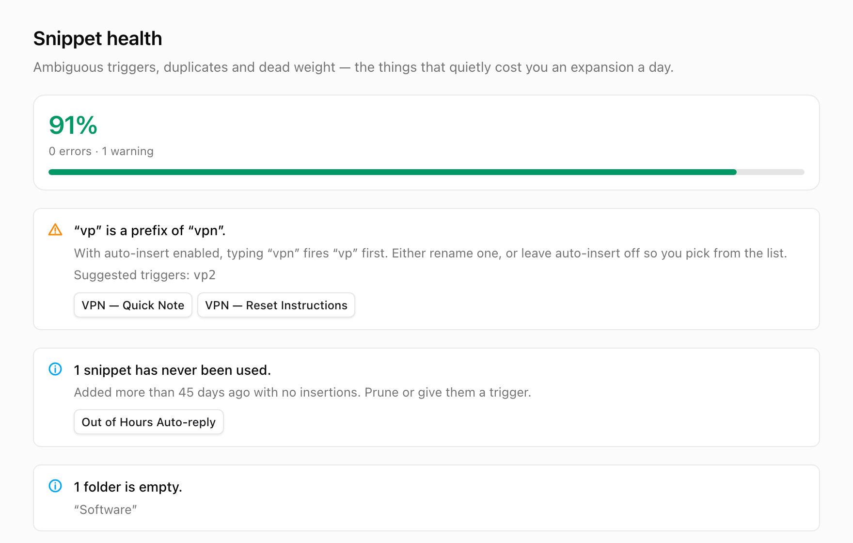 The Health tab. It reports that the trigger “vp” is a prefix of “vpn” and would fire first, suggests “vp2” as a replacement, and separately flags one unused snippet and one empty folder.